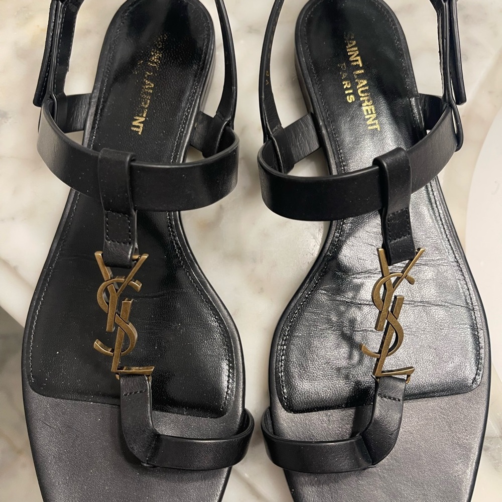 Saint Laurent Black Sandals with Gold Accents